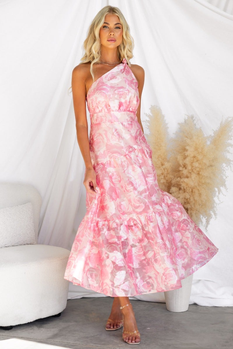 Royal Sun Maxi Dress featuring a floral print, one-shoulder neckline, and stylish ruffled hem.