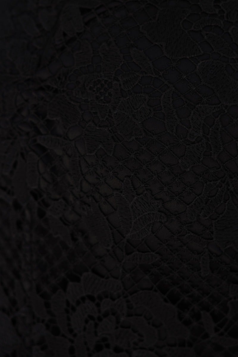 Close-up of black lace fabric texture featuring floral patterns and intricate detailing.