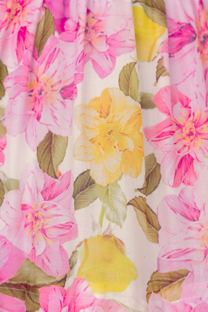 Close-up of floral print featuring pink and yellow flowers on a light background, perfect for a maxi dress design.