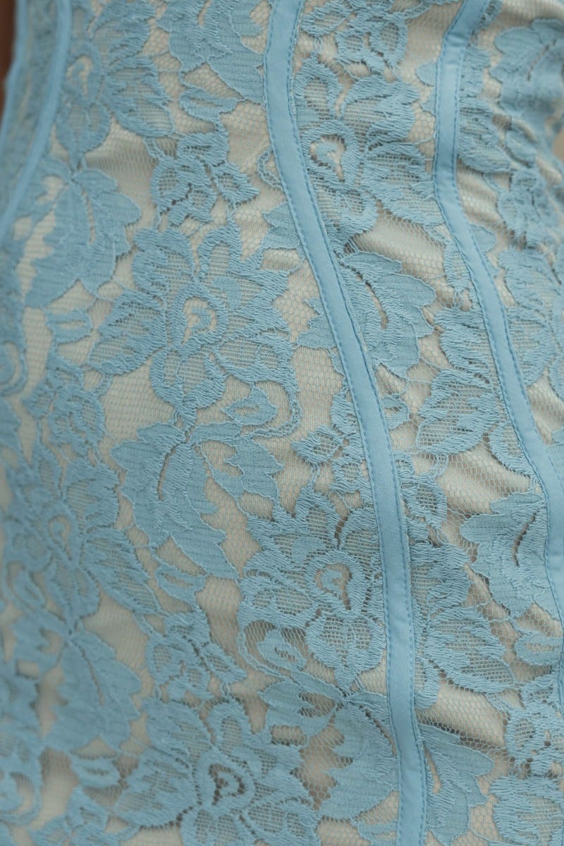 Close-up of lace detail on Anakie Midi Dress, featuring intricate patterns in light blue and soft beige.