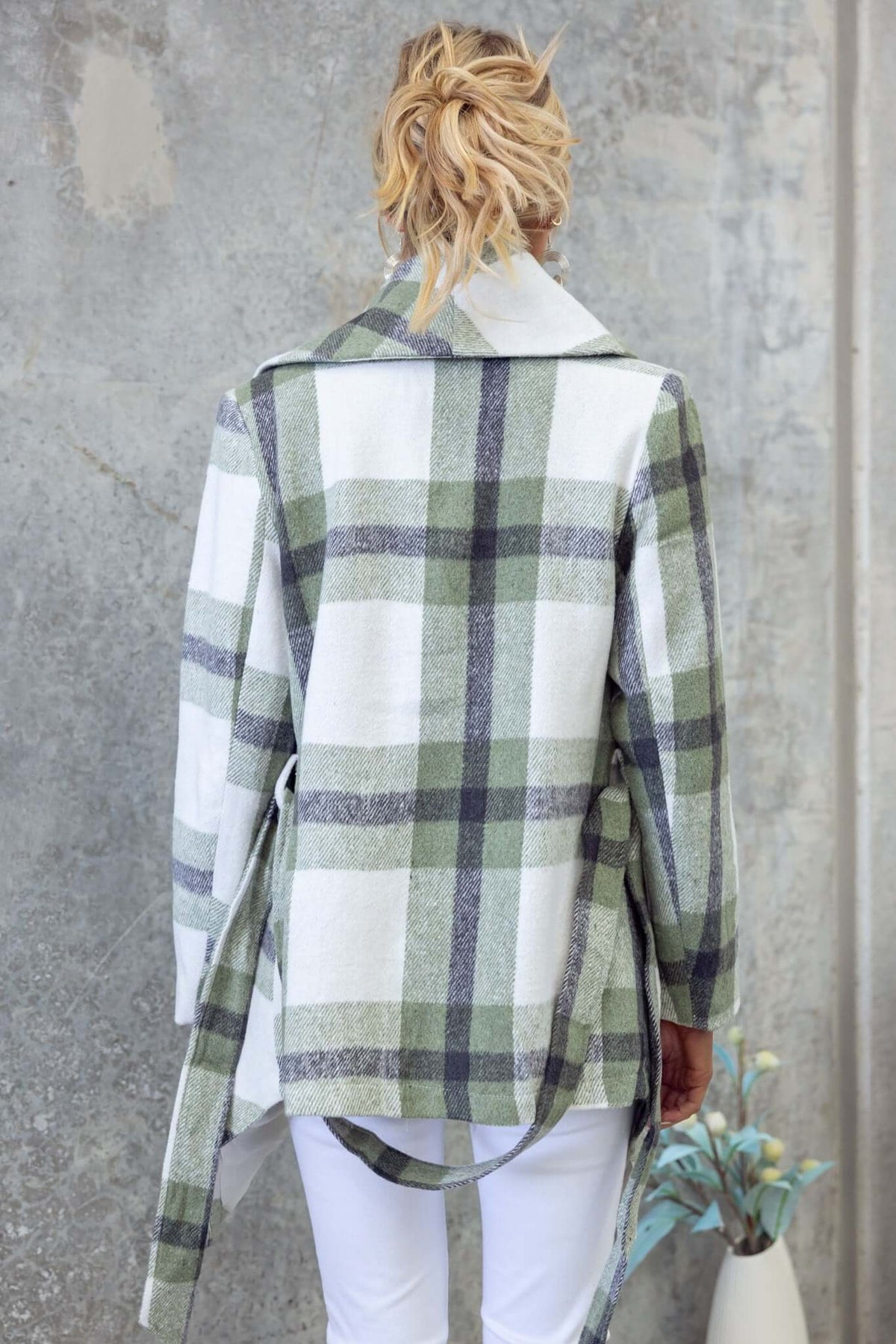 Back view of Phillips Coat, featuring a green and white plaid design, removable tie, and relaxed fit.