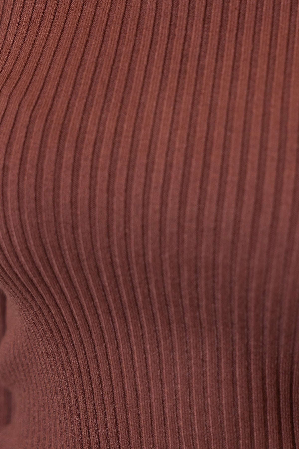 Close-up of Zoma Top featuring ribbed knit texture in brown color with high neckline and stretchy material.
