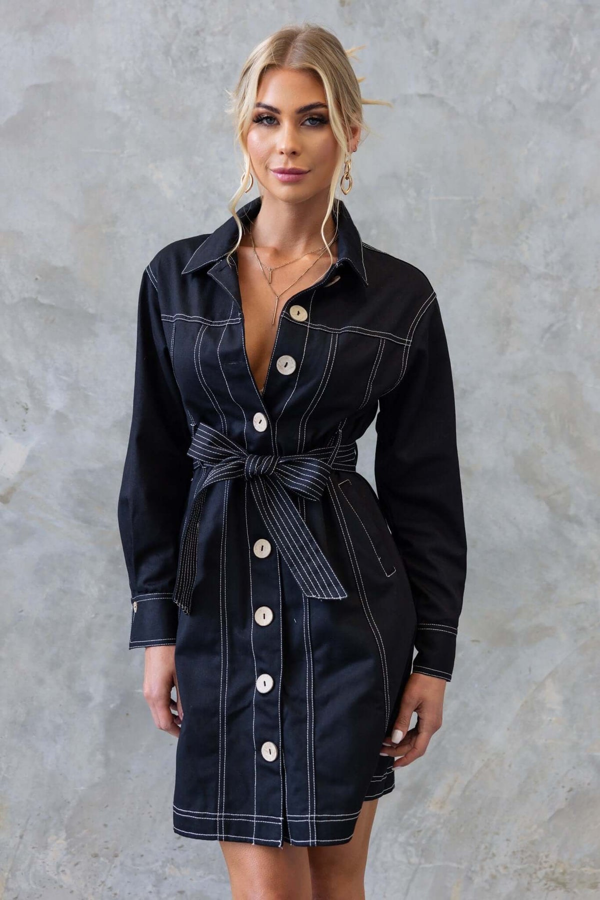 Lisa Denim Dress, black button-up dress with collar, removable belt, and side pockets, styled for a chic look.