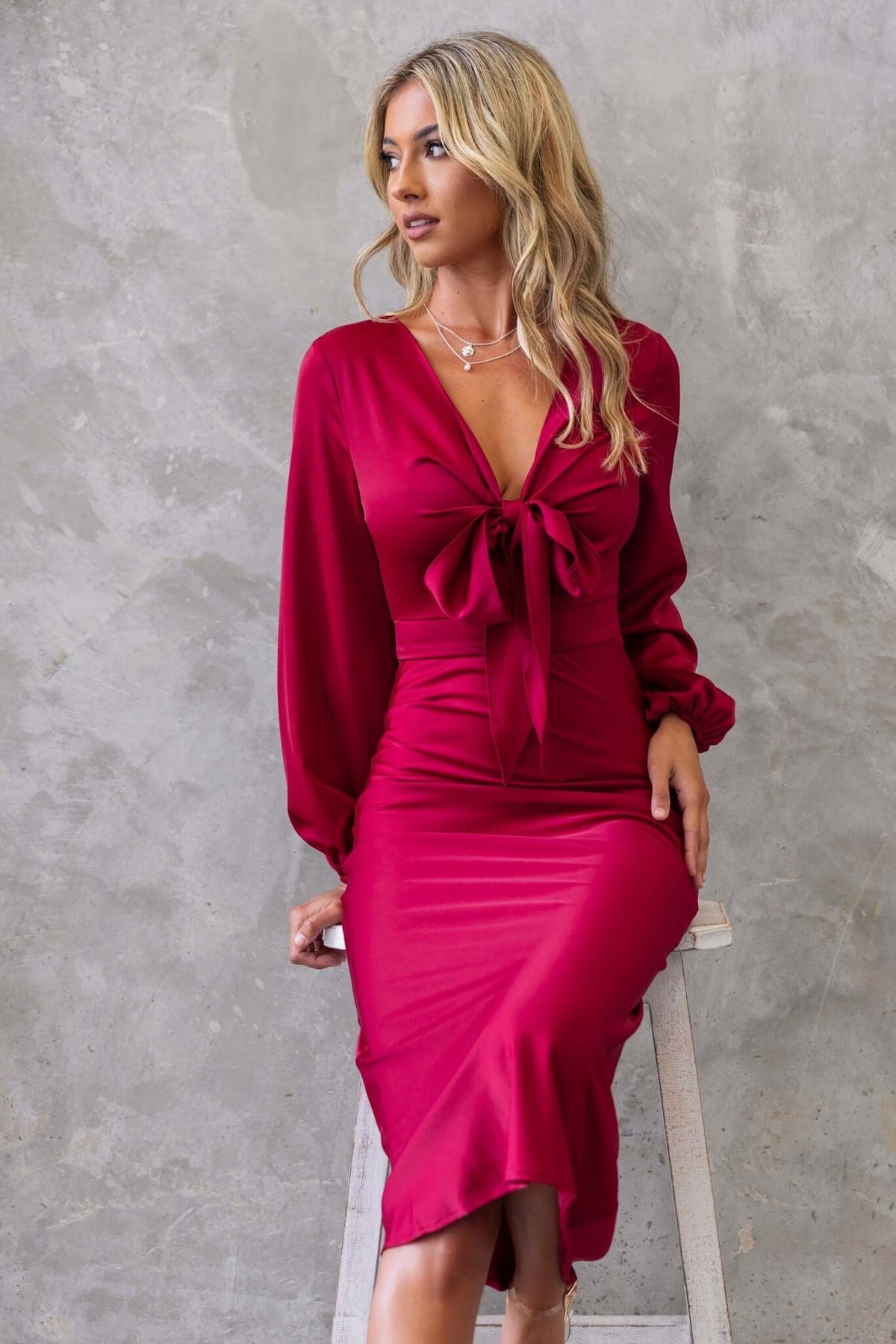 Cremona Midi Dress in rich burgundy with tie bust detail and elastic sleeves, showcasing a satin look and standard fit.