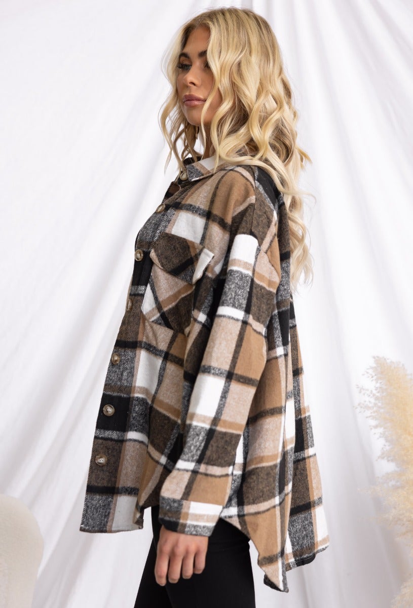 Gable shacket in plaid print with collar and button-up front, relaxed fit worn by model with wavy blonde hair.