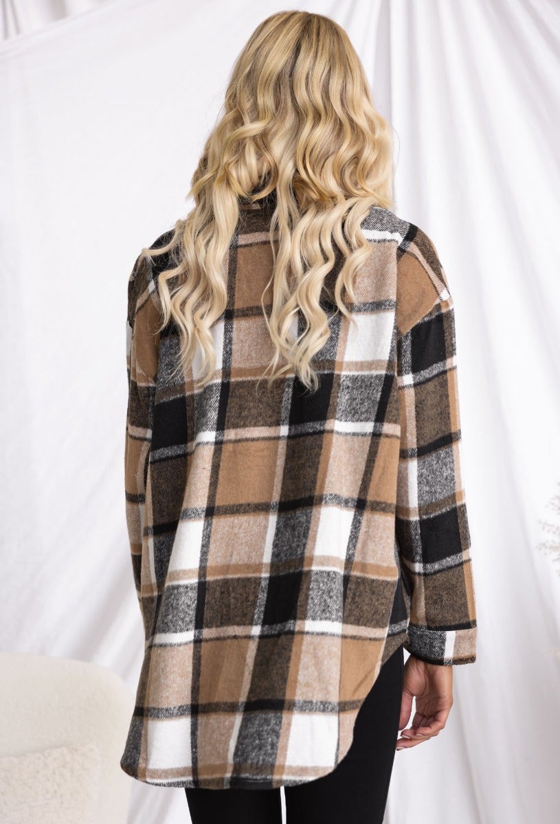Back view of a plaid print Gable shacket in brown tones, featuring a relaxed fit and long sleeves.