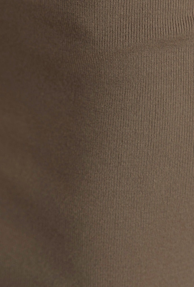 Close-up of fabric texture for the Akeli Dress, showcasing ribbed knit design in earthy tones.