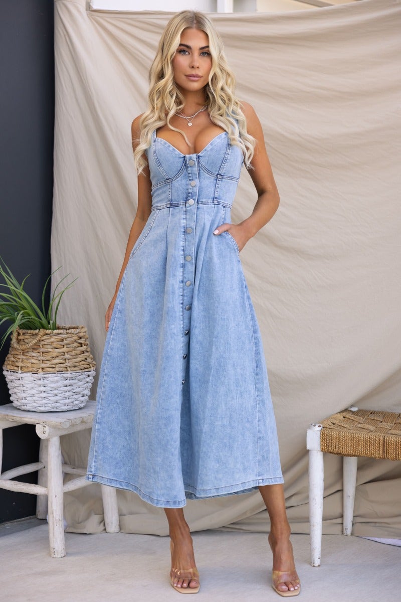 Tailey Denim Midi Dress featuring faux button-up front, pockets, and a flattering fit, perfect for casual outings.