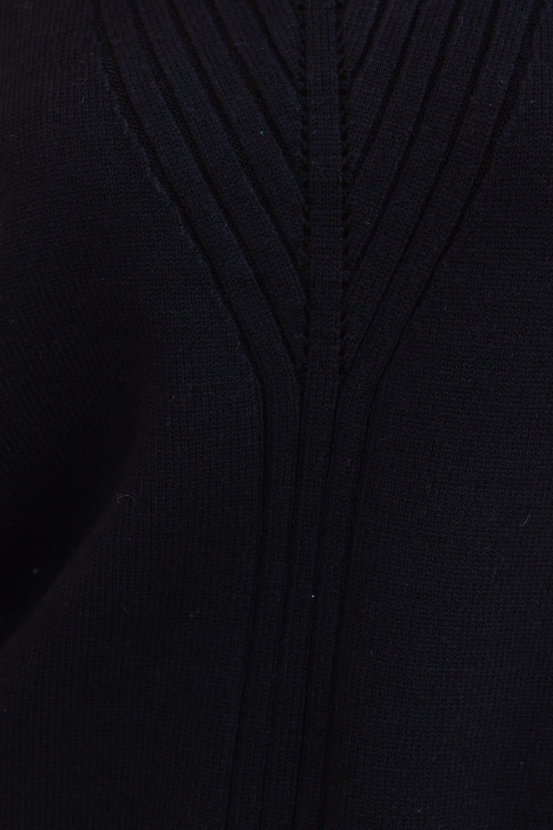 Close-up of black ribbed knit Cuba Jumper showcasing the elegant mock neckline and textured detailing.