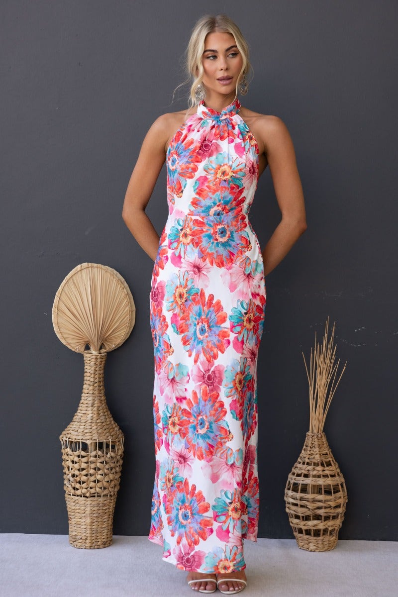 Floral print satin maxi dress with high tie neckline, model wearing size XS against a grey background.