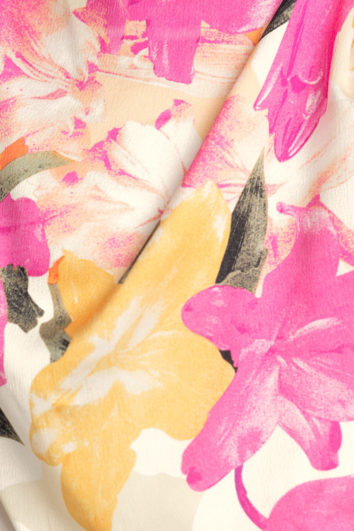 Close-up of vibrant floral print with pink and yellow flowers on soft fabric for Irisse Midi Dress.