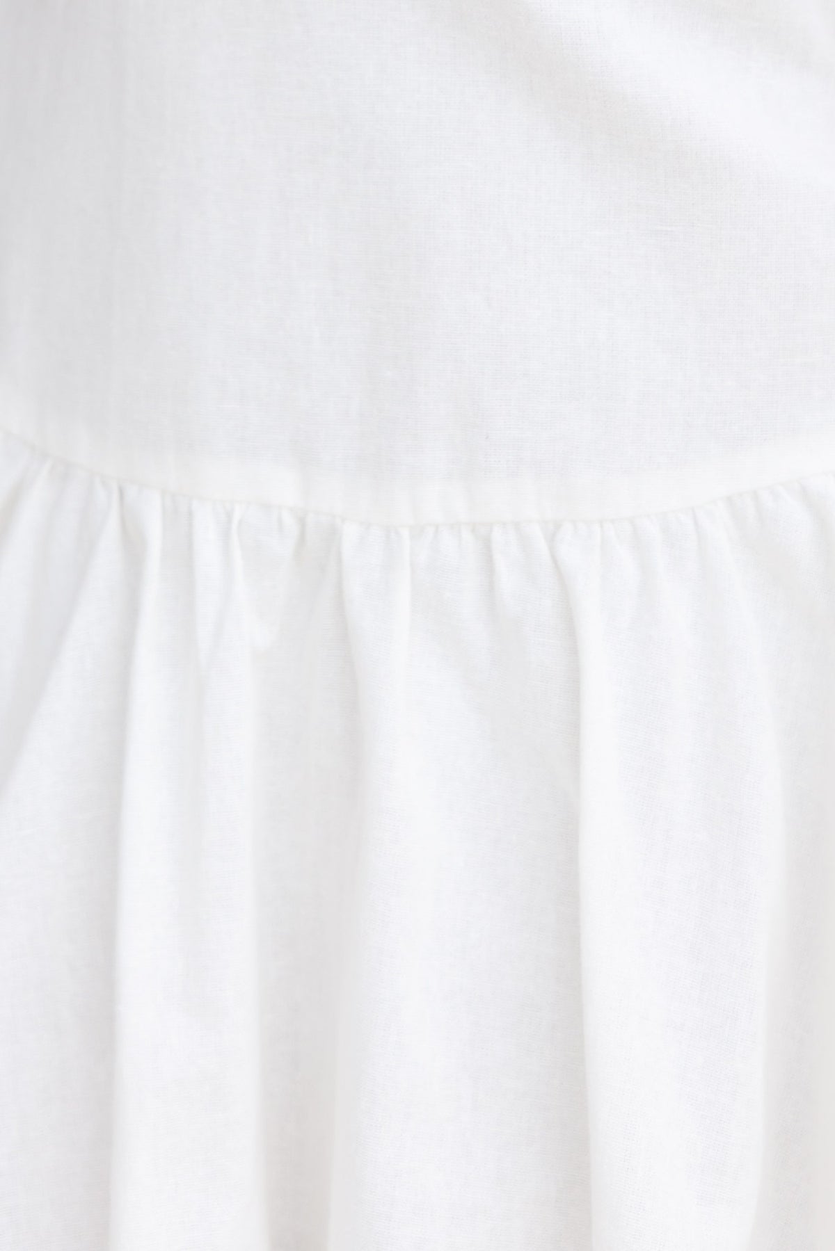 Close-up of white fabric with a gathered ruffle design, showcasing the soft cotton texture of the One Last Time Dress.