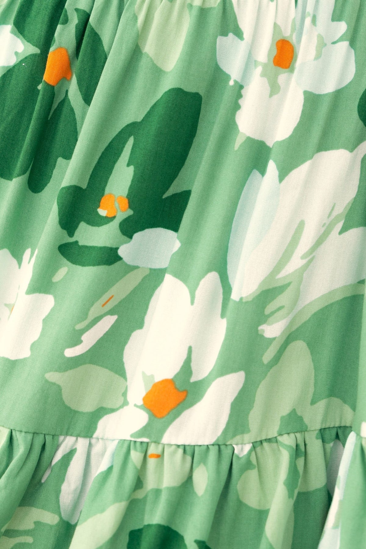 Close-up of floral print on Cassy Dress, featuring green and white patterns with orange accents.