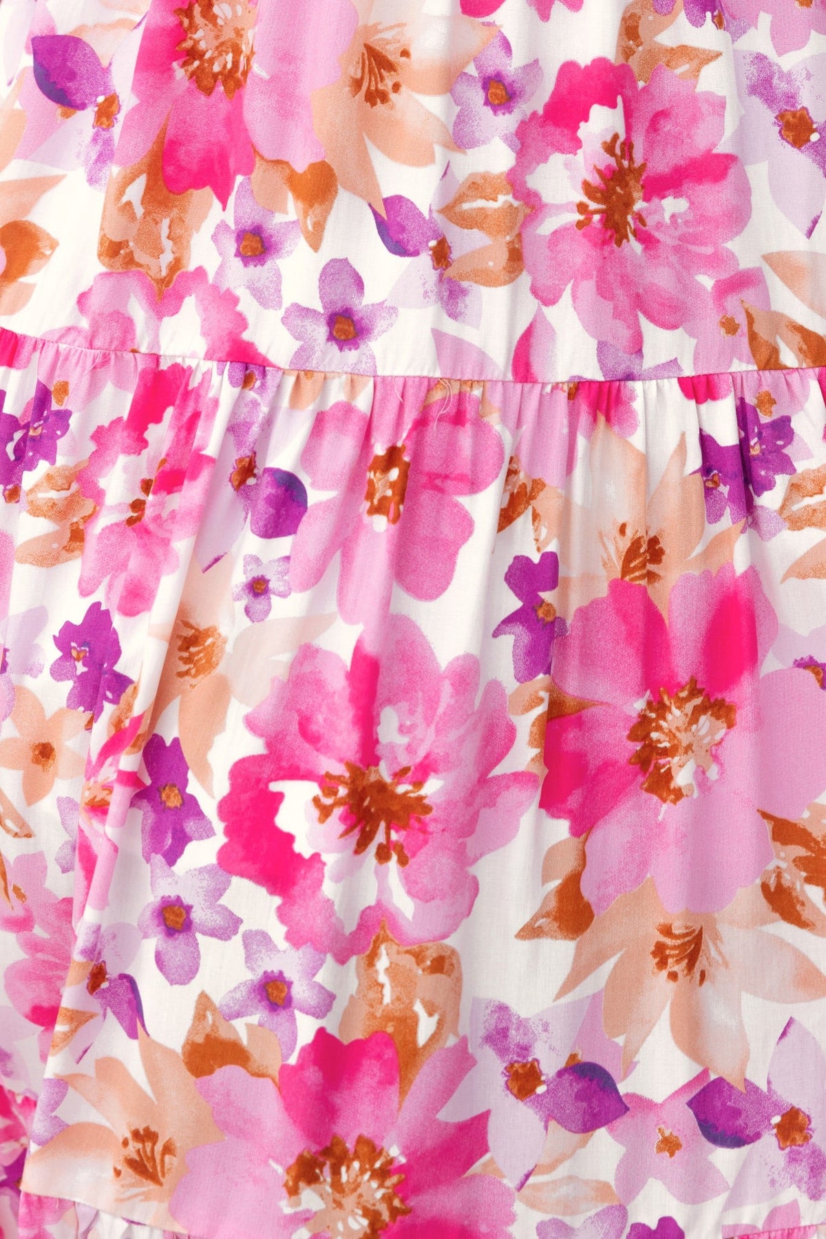 Floral print detail of the Qorla Midi Dress featuring pink and purple flowers on a light background.