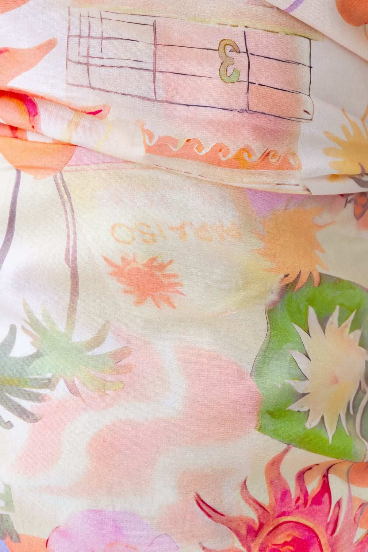 Close-up of colorful floral print fabric showcasing artistic design with vibrant colors and patterns.