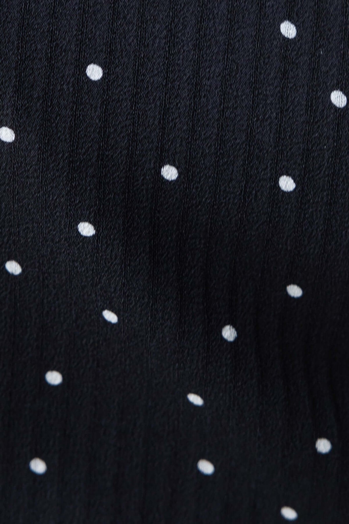 Close-up of black fabric featuring white polka dots, showcasing texture and pattern ideal for stylish tops.