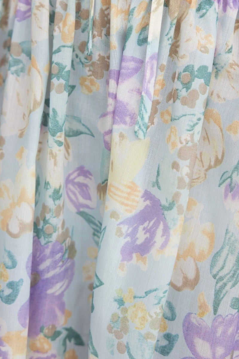 Floral print fabric close-up featuring pastel colors for the Sweet Nothing Midi Dress, highlighting its elegant design.