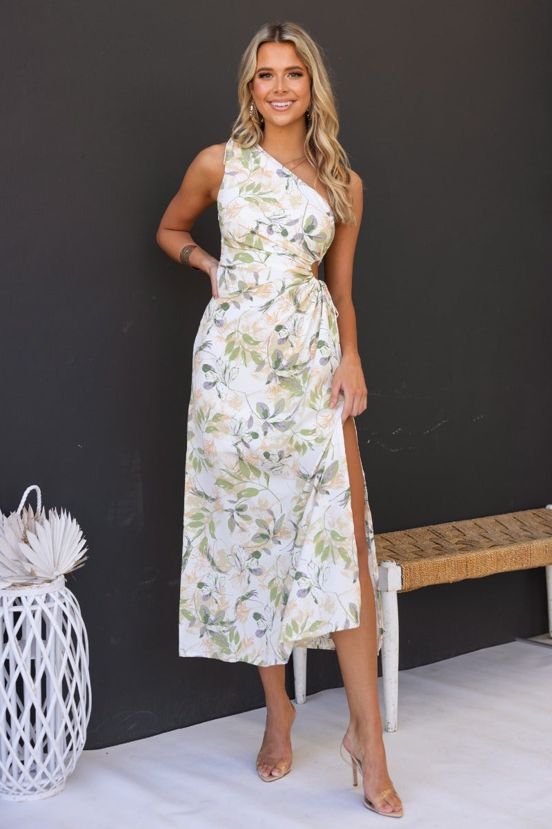 Floral print Ronan maxi dress with one-shoulder neckline, adjustable ruching, and side split.