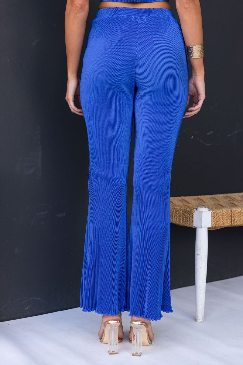 Back view of Harvie Pants in vibrant blue, featuring accordion pleats and flared bottoms.