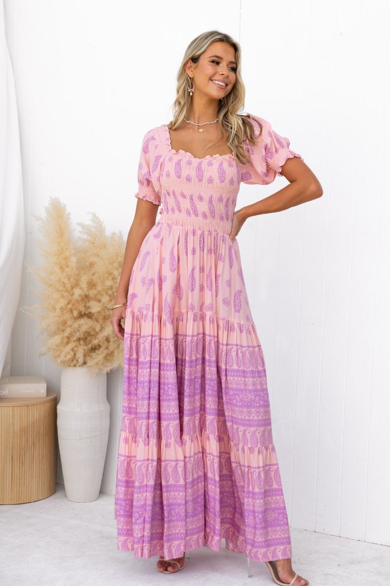 Right Time Maxi Dress featuring a multi-colour design with elastic bodice and sleeves, perfect for casual or elegant occasions.