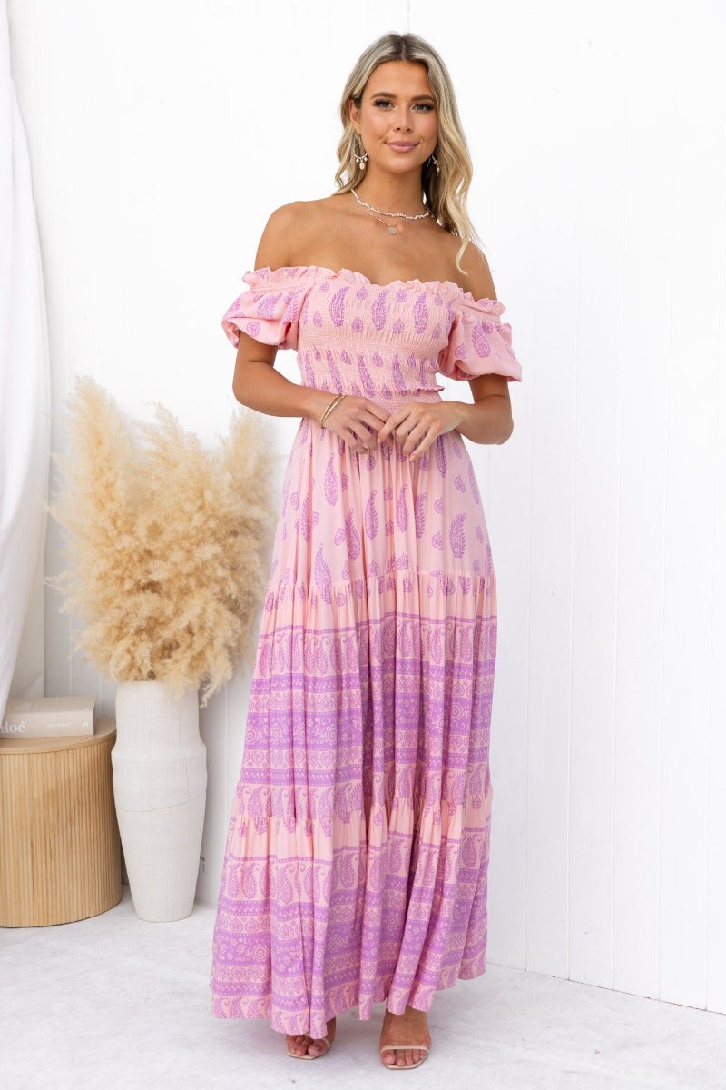 Multi-colour Right Time Maxi Dress with off-shoulder sleeves, perfect for summer styling.