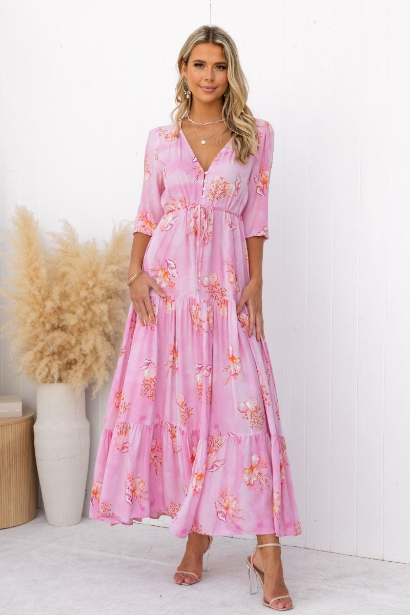 Yespia Maxi Dress: Floral print V-neck maxi dress with adjustable drawstring waist and elastic cuffs, ideal for warm weather.