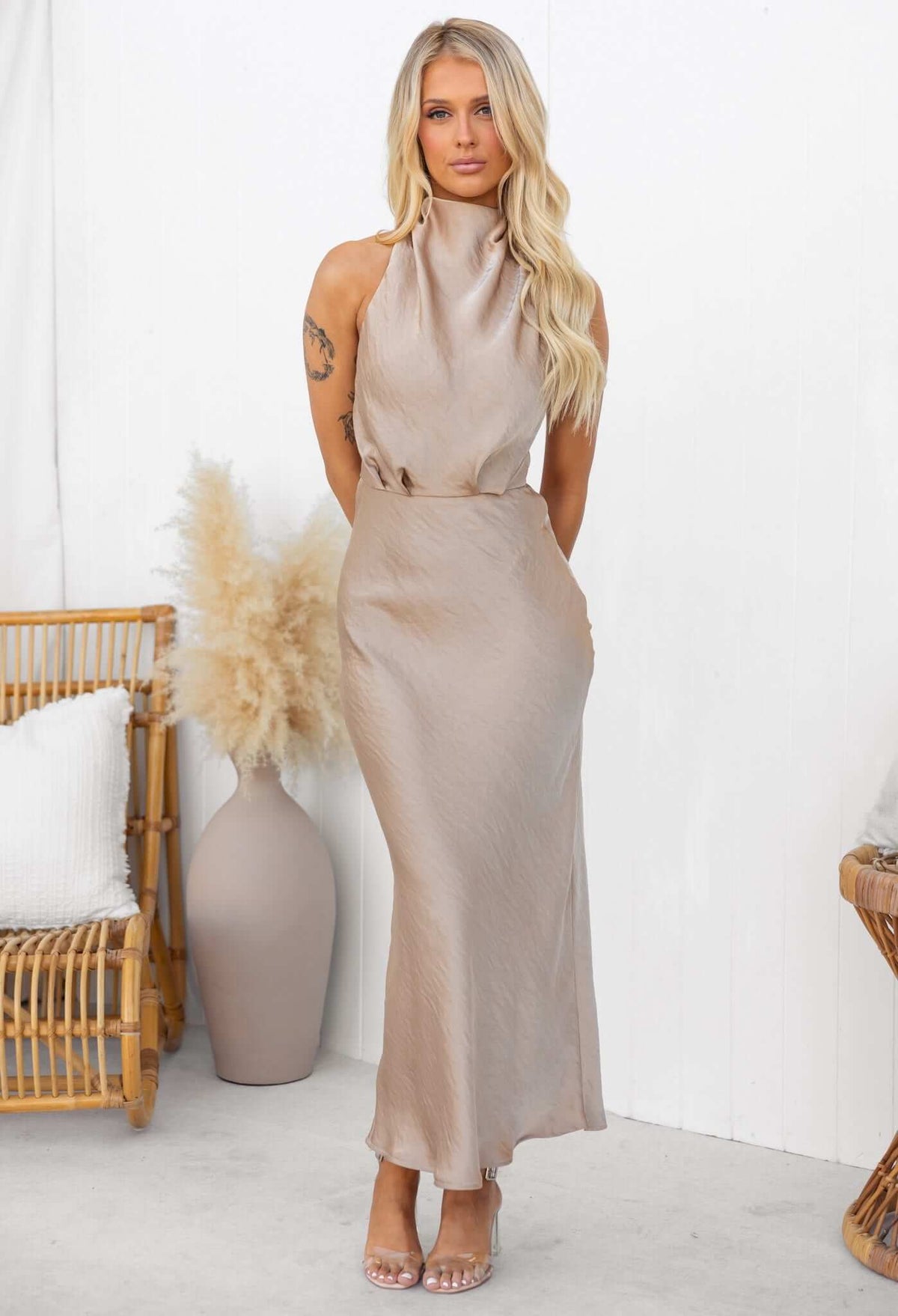 Elegant Pick Me Up Maxi Dress in soft satin look, featuring high neckline and button clasp, perfect for special occasions.