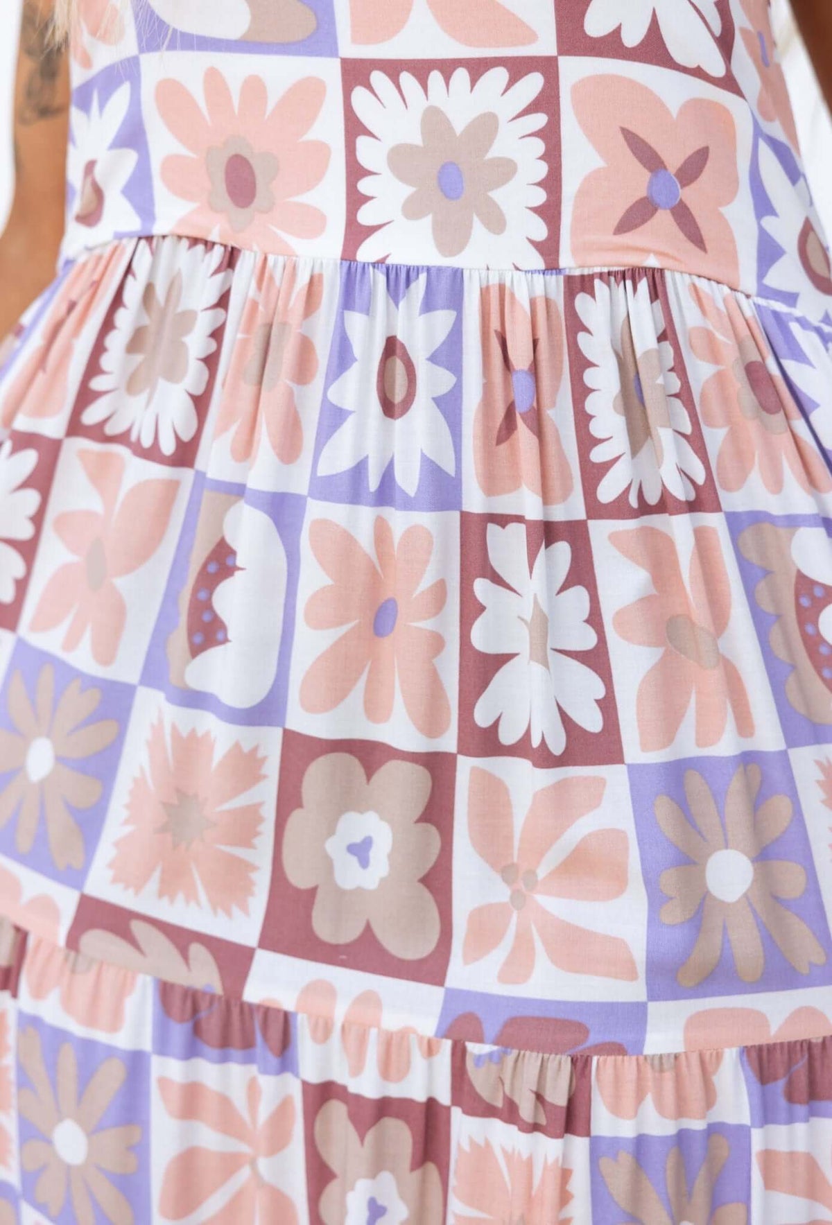Colorful floral print pattern on the Flower Fields Maxi Dress, showcasing soft pastels and a playful design.