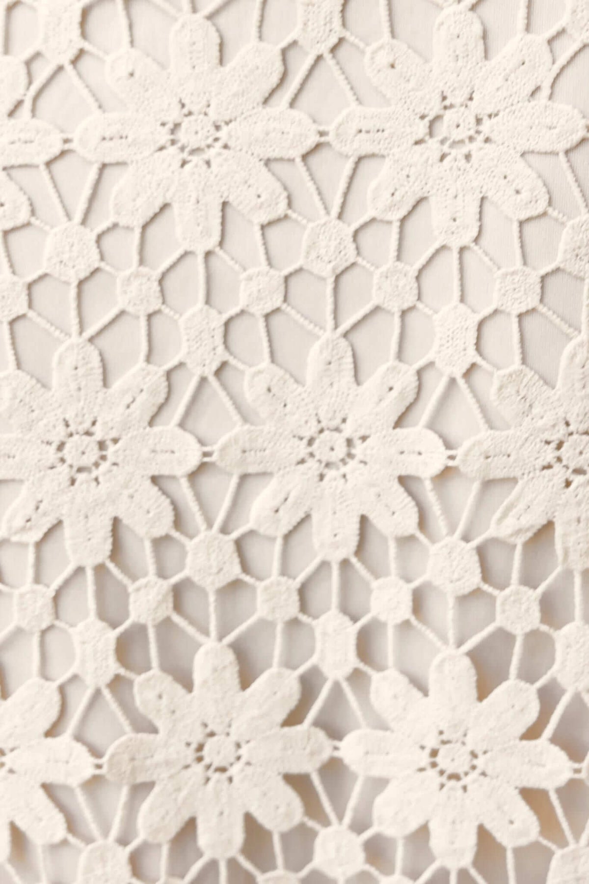 Close-up of floral anglaise lace fabric with intricate flower patterns, ideal for stylish tops and summer wear.