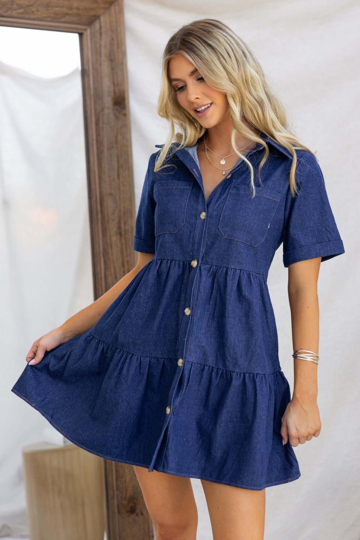 Jessy denim dress featuring a collar, button-up front, and pockets, styled with a flared skirt.