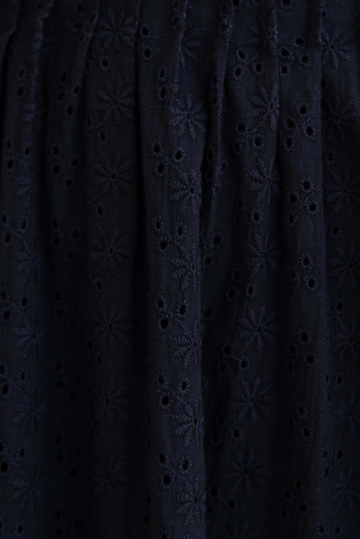 Close-up of textured black anglaise fabric with floral patterns, showcasing the detail of the Bisbee Maxi Dress.