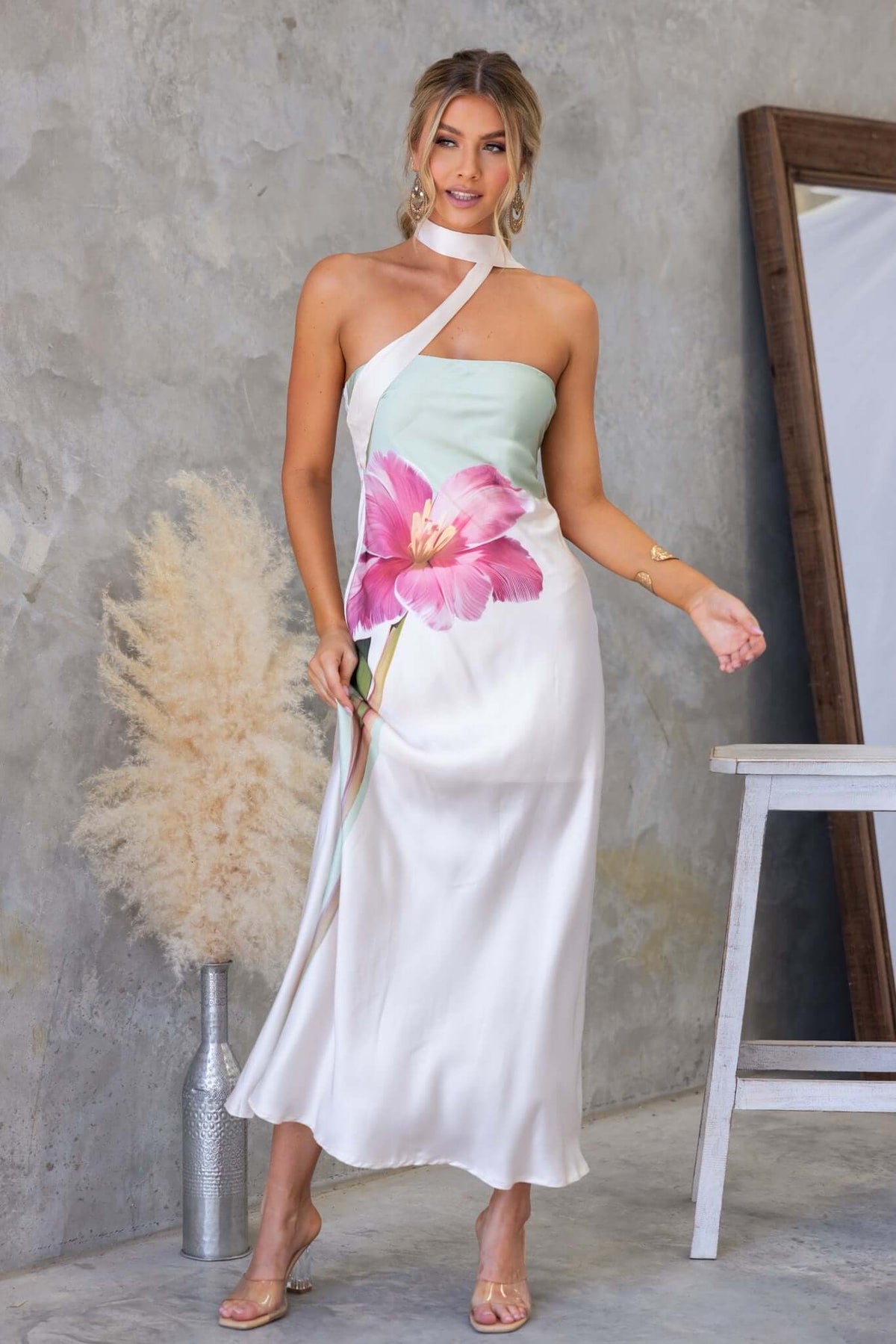 Elegant My Touch Maxi Dress featuring a floral design, satin finish, and removable tie/strap, perfect for special occasions.