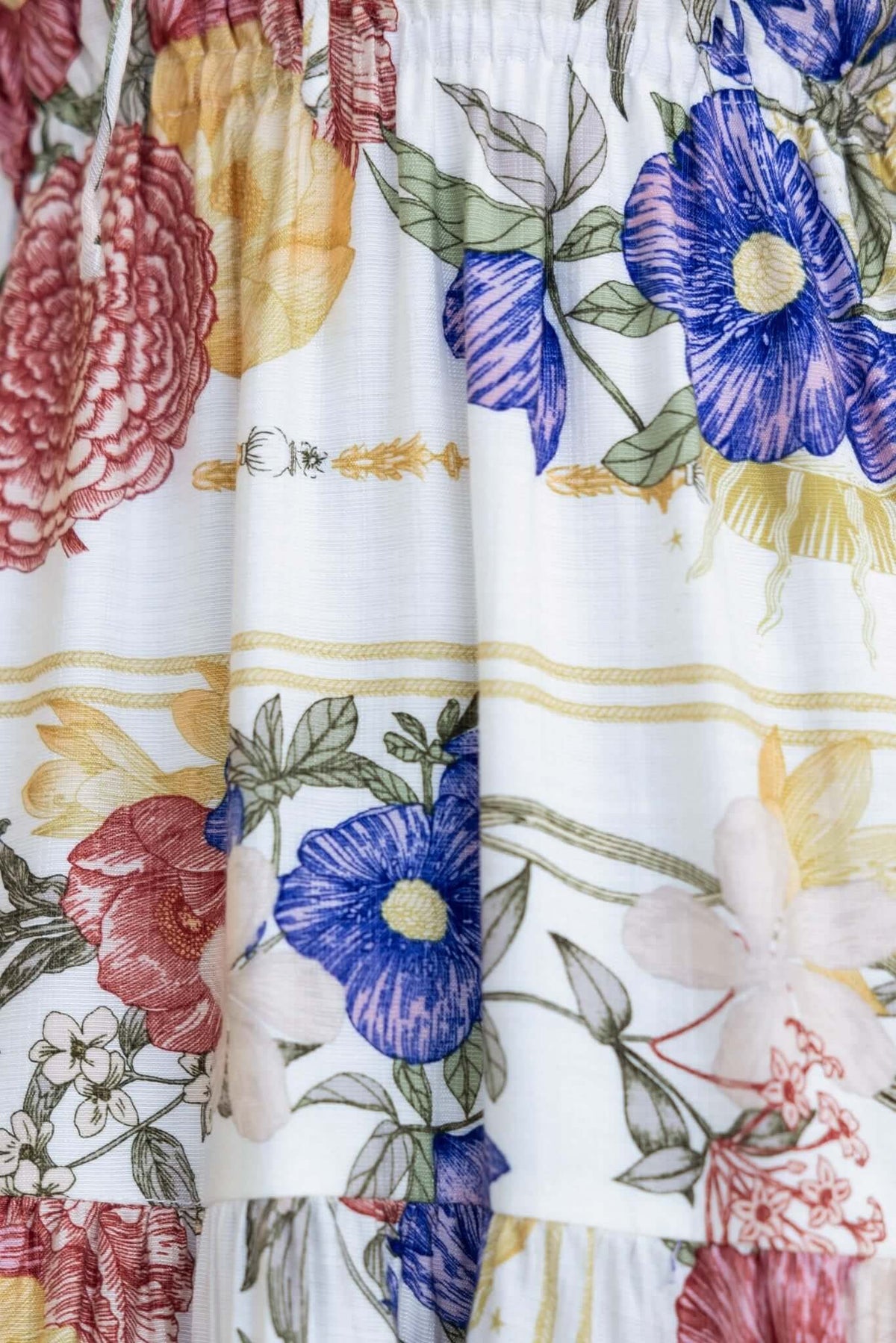 Colorful floral pattern on the Garlyn Maxi Dress, featuring vibrant blooms and intricate details.