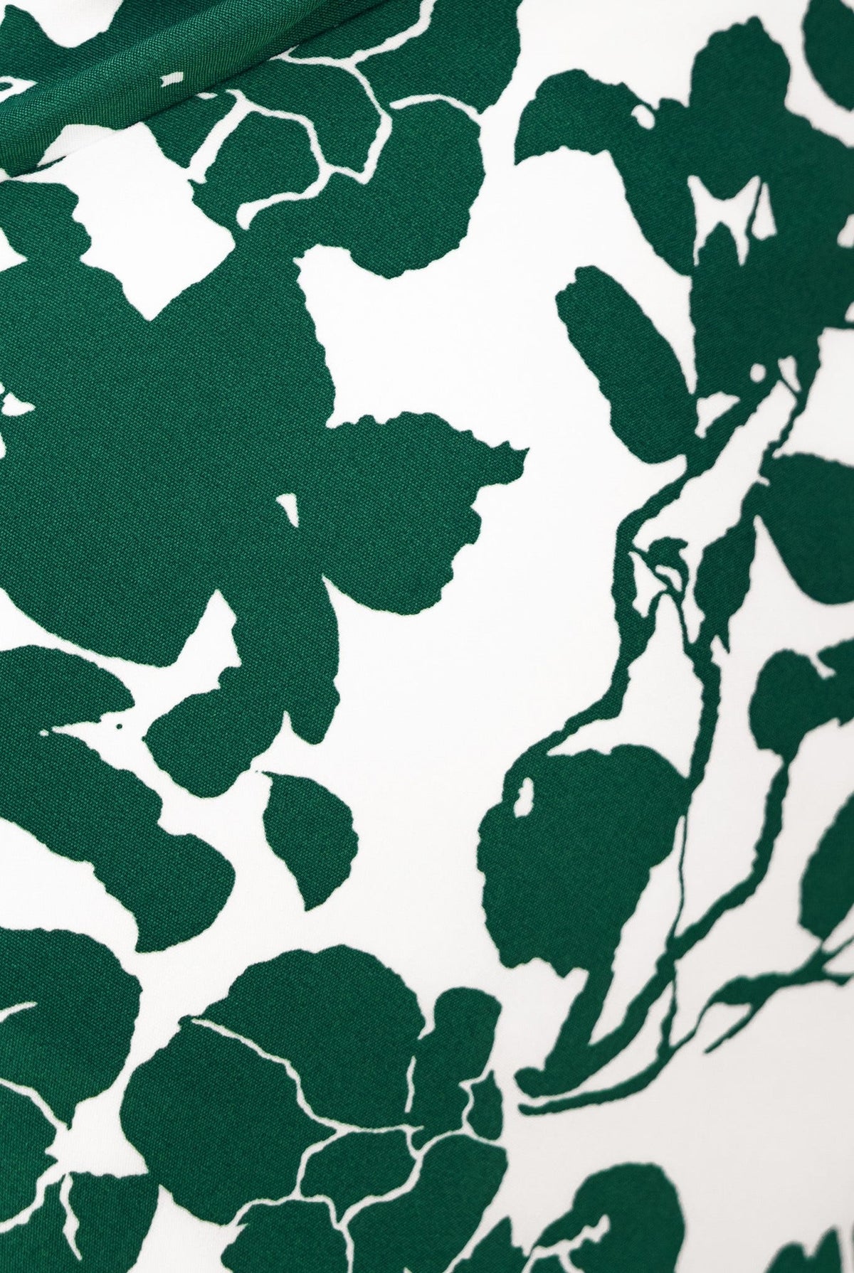 Close-up of floral print on Renika Maxi Dress featuring green leaves on a white background.