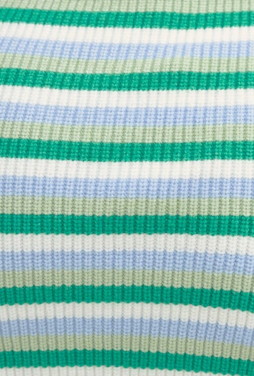 Close-up of ribbed knit fabric in green, blue, and white stripes, showcasing texture and pattern of Tylar Skirt.
