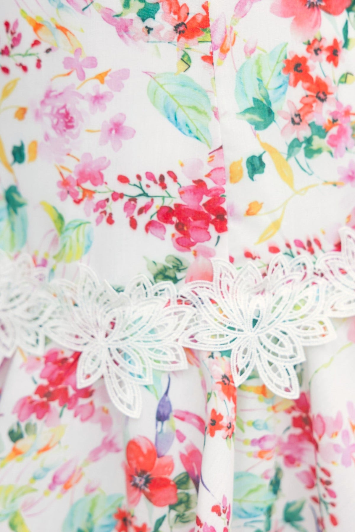 Close-up of the floral print on the Jolee Dress featuring lace detailing and vibrant colors.