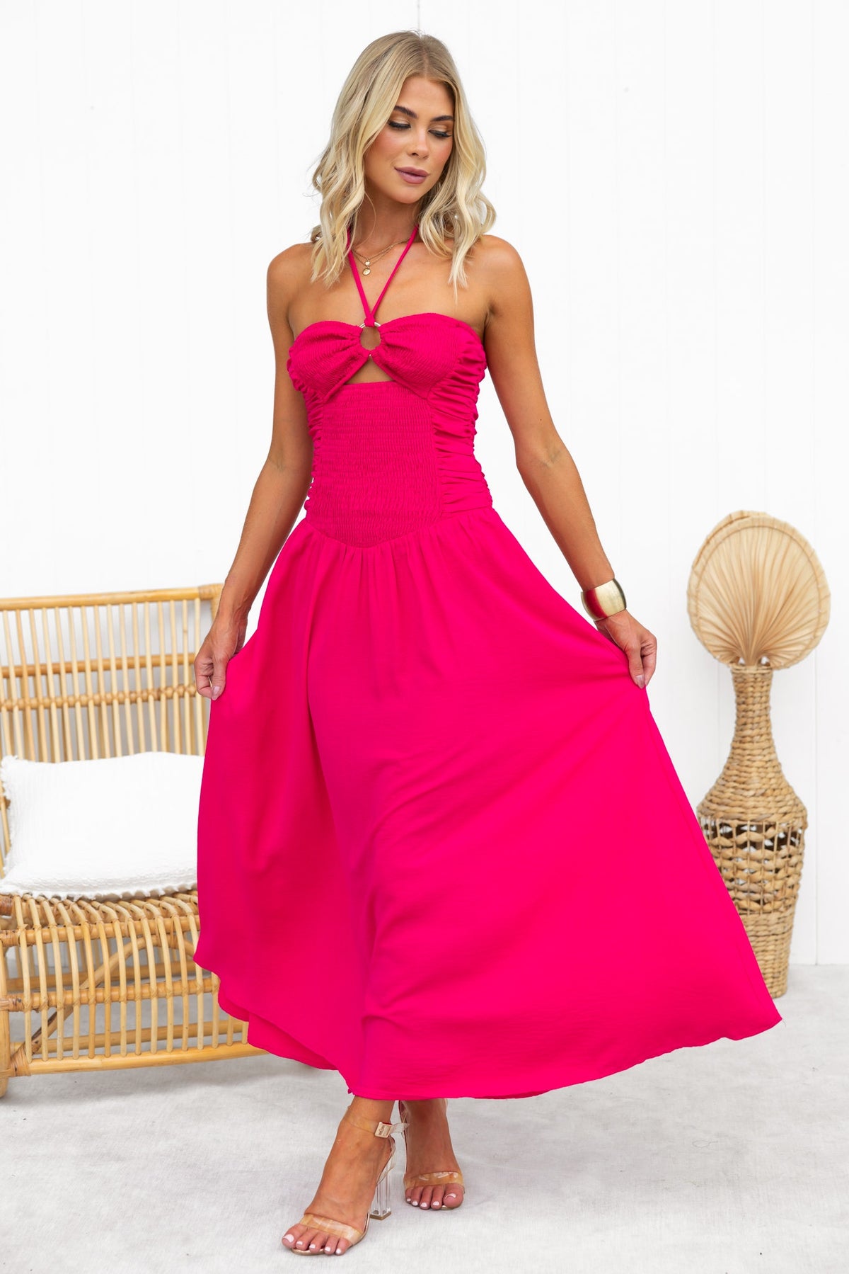 Jayma Maxi Dress in bright pink with adjustable tie neckline, cut-out detail, and relaxed flowy fit.