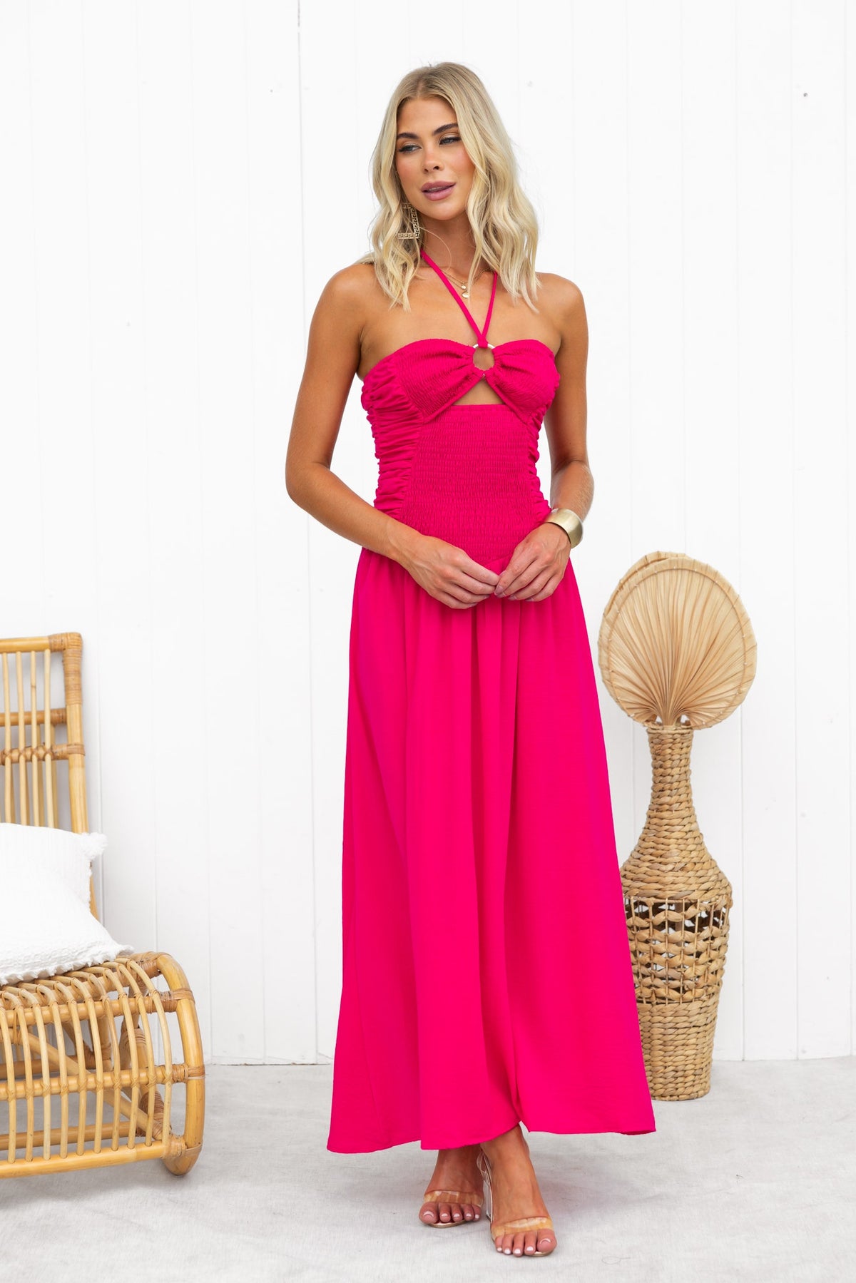 Jayma Maxi Dress in hot pink featuring adjustable tie neckline and ring detail at bust, perfect for summer occasions.