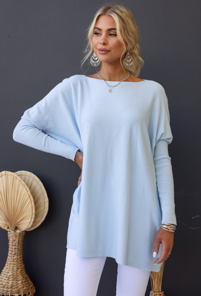 Bonnie Knit oversized blue top/dress with full-length sleeves, stylish and comfy, perfect for casual wear.