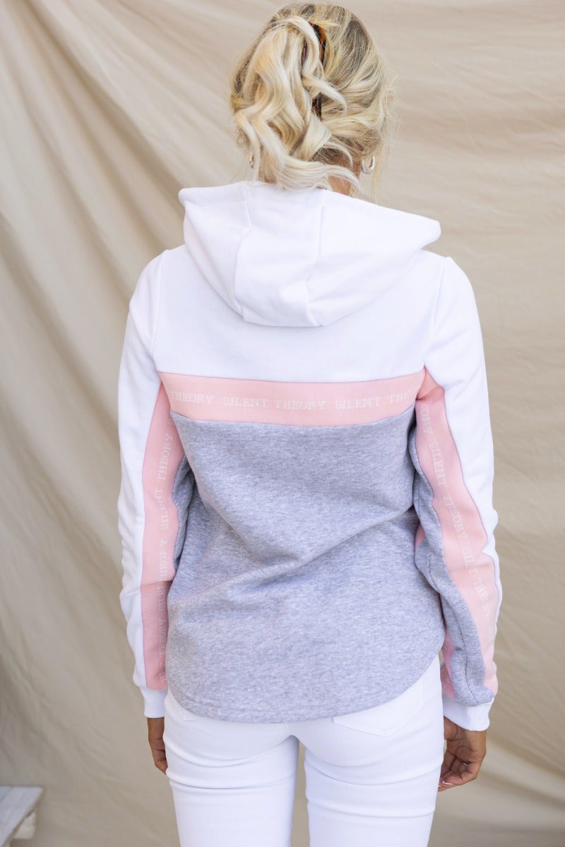 Back view of Xarles Jumper hoodie with ribbed cuffs and pink and grey color block design.