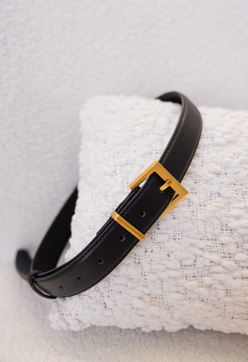 Logan Belt: stylish faux leather belt with gold hardware buckle, one size fits most, perfect accessory.