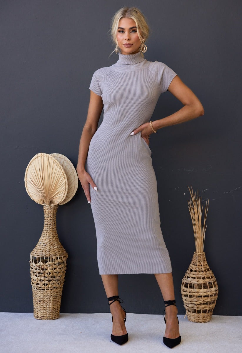 Ulina Midi Dress featuring a ribbed knit design, turtle neckline, and standard fit worn by a model with stylish accessories.