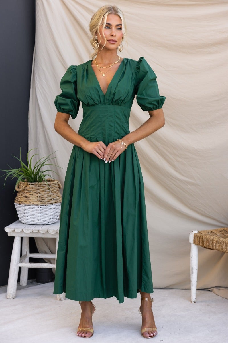 Maloney Maxi Dress in green, featuring a V-neckline, puff sleeves, and pleat detail, perfect for a stylish summer look.