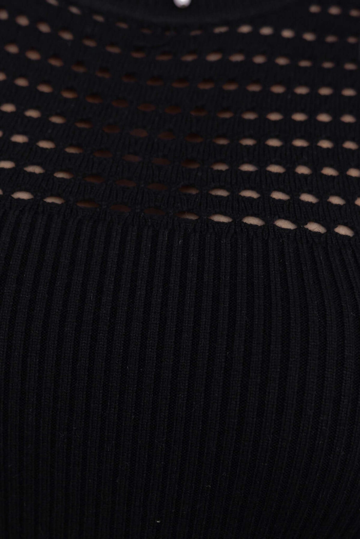 Close-up of black open weave knit fabric showcasing a ribbed texture and round neckline detail for the Kokomo Midi Dress.