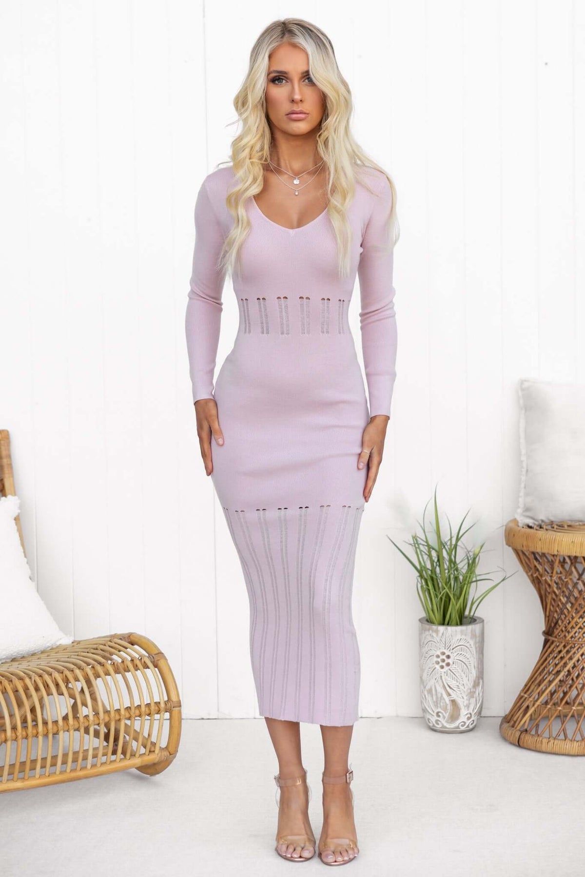 Valery Maxi Dress in light purple with scoop neckline and open weave detailing, perfect for a stylish summer look.