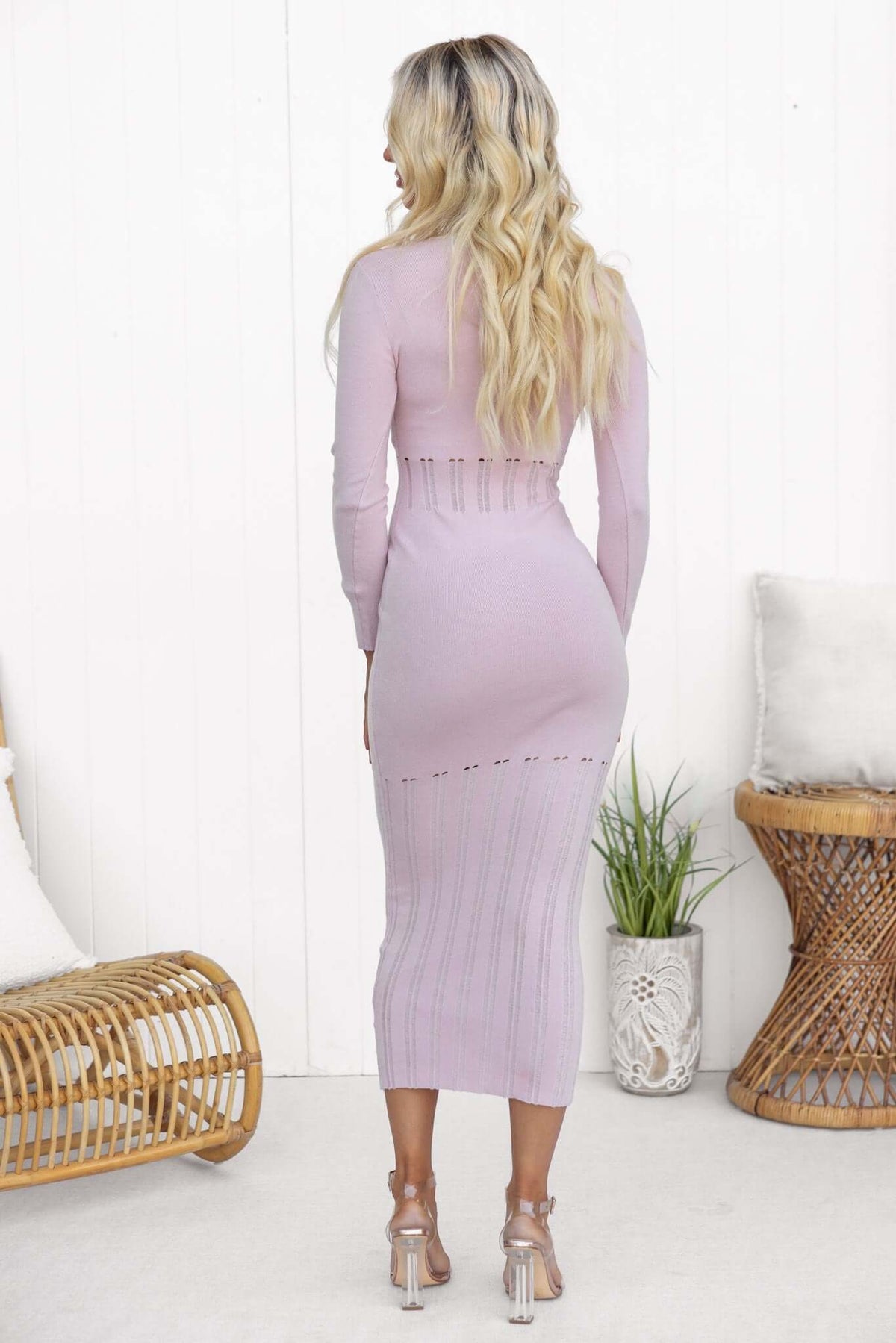 Back view of Valery Maxi Dress in soft pink, showcasing scoop neckline and open weave detailing.