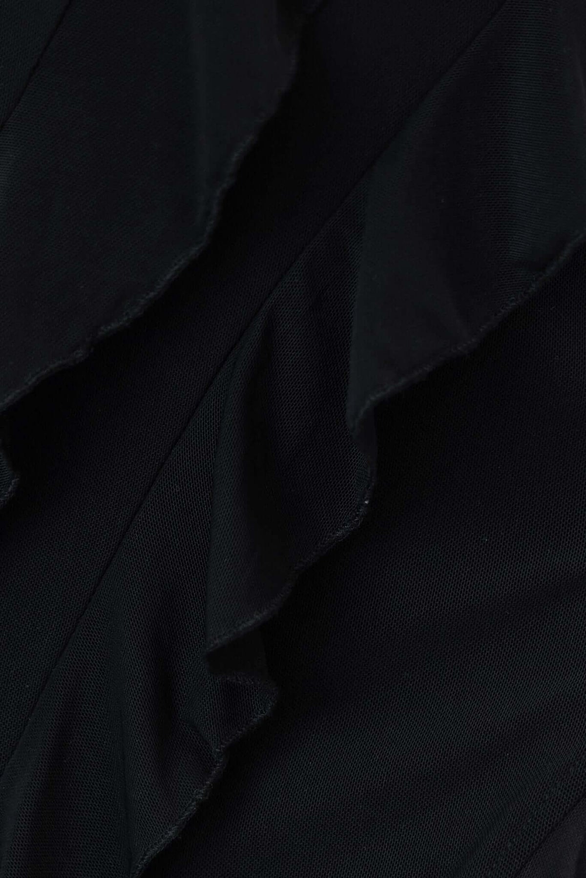 Close-up of the ruffled fabric detail on the Sharpay Maxi Dress in black floral print.