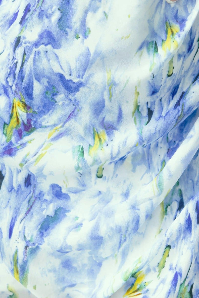 Close-up of multi-colour floral print fabric featuring blue, yellow, and green hues, perfect for a maxi dress.