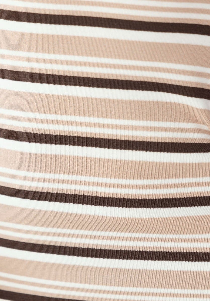 Close-up of striped fabric in soft pink, beige, and brown colors, showcasing the texture and design for a chic look.