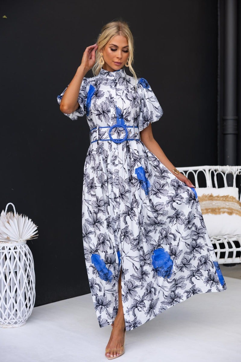 Floral print Younger Now maxi dress with high neckline and removable fabric belt, model wearing size 6/XS.